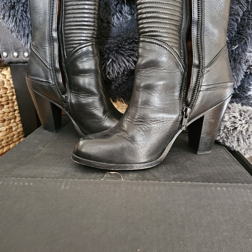 Frye Jenny Quilt Leather High Heel/Mid Calf Boots Black Size 8.5